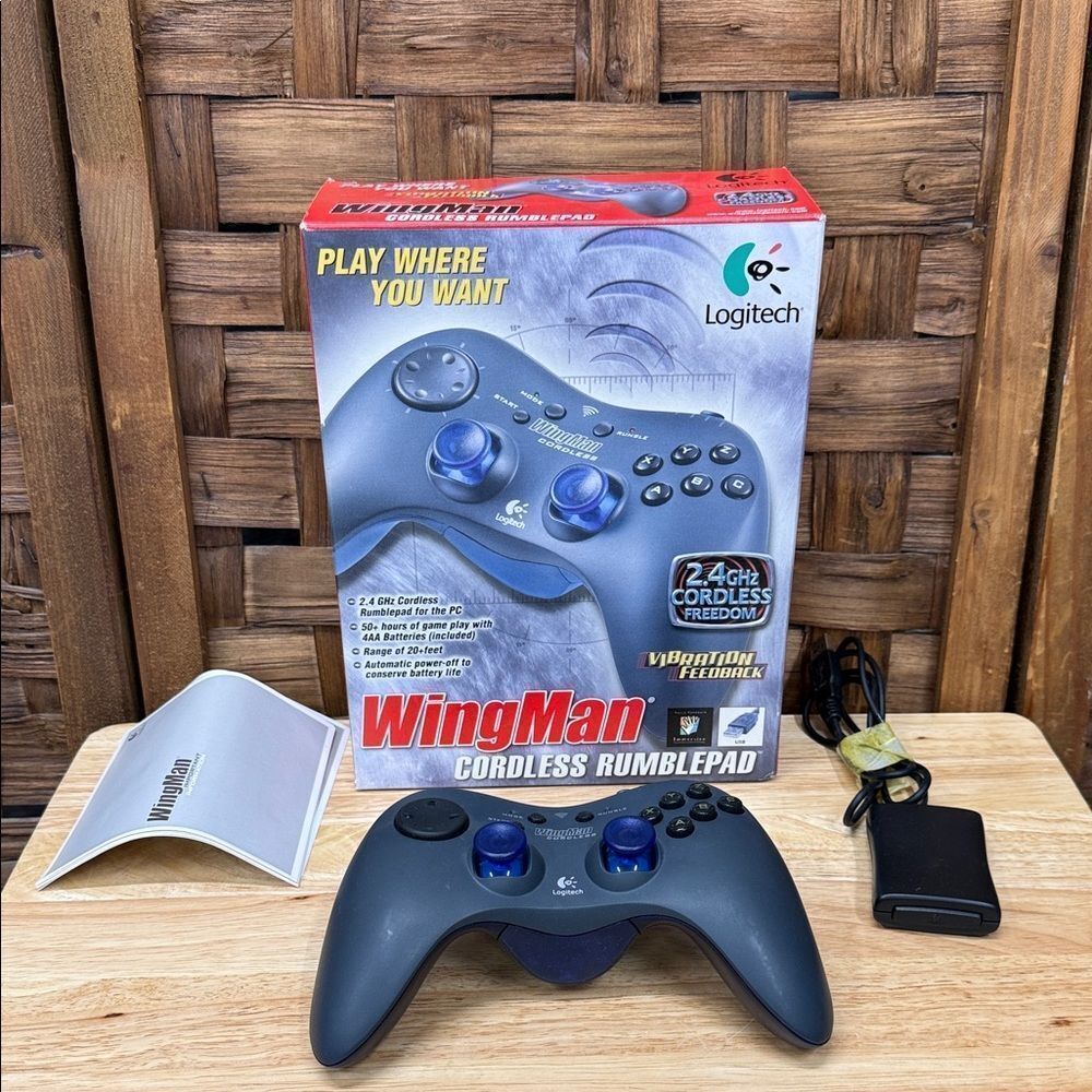 Vintage Logitech WingMan Cordless Rumblepad - Dark Gray and Blue CIB
